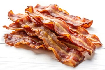 Crispy Bacon Strips on White Background Savory Breakfast