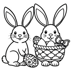 Obraz premium Easter Bunny in Basket Coloring Page | Cute Holiday Line Art