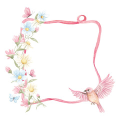 Wildflower Frames Clipart, Delicate Flowers, Blue Pink Baby Shower, Pink Spring, Tiny Flowers, Bridal Shower, Invitation, Bloom Frames, Bird