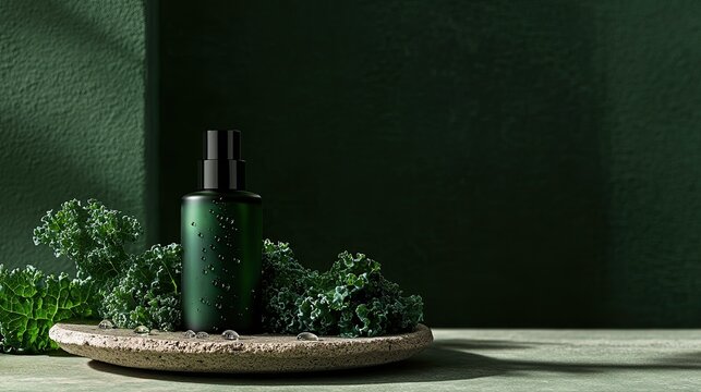 A revitalizing green elixir nestled amongst lush kale, promising natural beauty and a healthy glow, bathed in soft, emerald light.