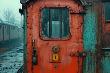 Old red train car door with window detail at a train station.