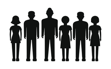 Vector silhouettes of men and a women, a group of standing business people, black color isolated on white background