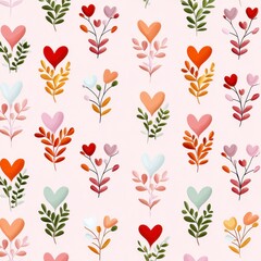 Colorful Floral Pattern with Hearts and Leaves on Soft Pink Background