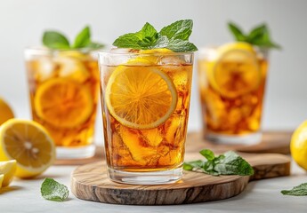 Refreshing iced tea beverage with lemon slices and fresh mint leaves on a wooden surface, perfect for summer gatherings and outdoor parties