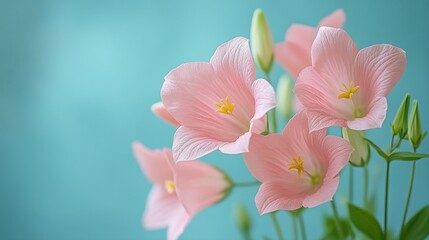 Fototapeta premium Delicate Pink Flowers with Soft Petals Against a Light Blue Background for Nature and Floral Themes