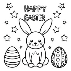 Cute cartoon easter bunny with colorful eggs for a happy spring holiday celebration coloring page