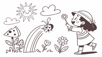 girl and butterfly line art vector