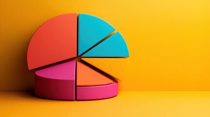Fototapeta premium Colorful 3D Pie Chart with Vibrant Sections on Bright Yellow Background for Business Analytics or Presentations
