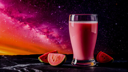 Pink Guava Juice Inside a Glowing, Color-Gradient Planetary Field