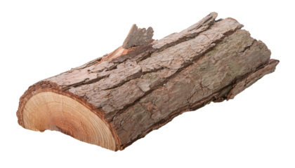 rough tree log with cracked bark and visible annual rings from crosscut wood on isolated background
