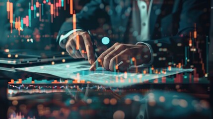 Businessman with double exposure of documents stock exchange charts and world map
