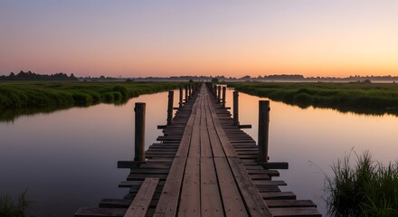 Fototapeta premium Serene Sunrise over Wooden Bridge in Misty Wetland Landscape