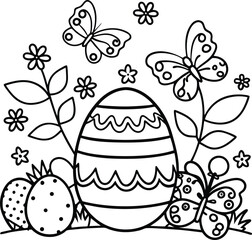 Vector easter illustration set with cute cartoon egg and flower pattern for holiday decoration coloring page