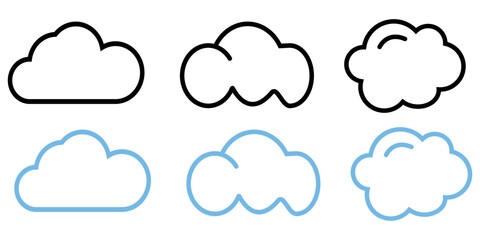Outline style cloud icon vector set, black outline clouds, blue outline clouds icon vector set in trendy flat style illustration isolated on white background.