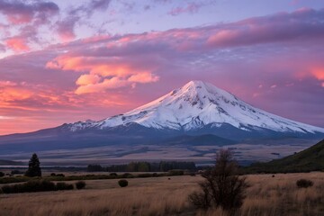 snowcapped mountain at sunset with pink and purple view
