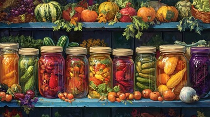 Preserving the harvest, colorful jars of pickled vegetables and fruits filling a shelf