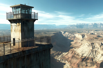 Desert prison watchtower overlooking a canyon.