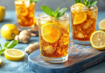 Refreshing iced tea with lemon, ginger, and mint, served in clear glasses on a blue wooden table with fresh lemon and ginger beside drinks