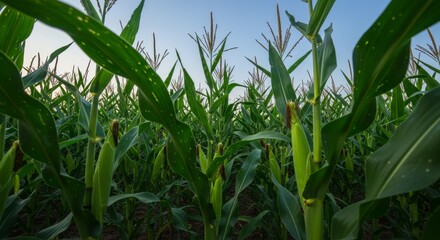 Obraz premium Lush Cornfield Under a Clear Sky - A vibrant cornfield basks in the sunlight, symbolizing growth, abundance, nature's bounty, rural life, and the harvest season