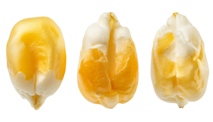 top view of three partially popped popcorn kernels with golden crispy texture and shiny surface on isolated background
