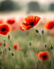Obraz premium Close up photograph of poppies in a field background blurred out.Landscape banner image 