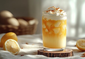Refreshing Lemonade Beverage with Creamy Topping Surrounded by Fresh Lemons and Natural Light in a Cozy Kitchen Setting