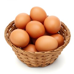 A basket filled with brown eggs sitting on a white surface in a studio environment setting view