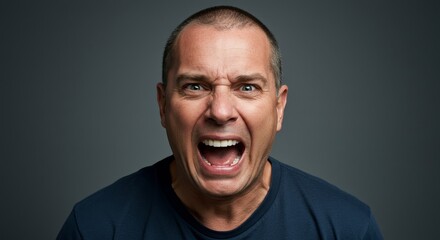 Man Screaming in Frustration - Close-up portrait of a man with a shaved head, screaming with his mouth wide open, expressing intense frustration or anger. Dark grey background