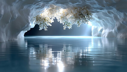 Serene cave interior with tranquil water, reflecting blossoms