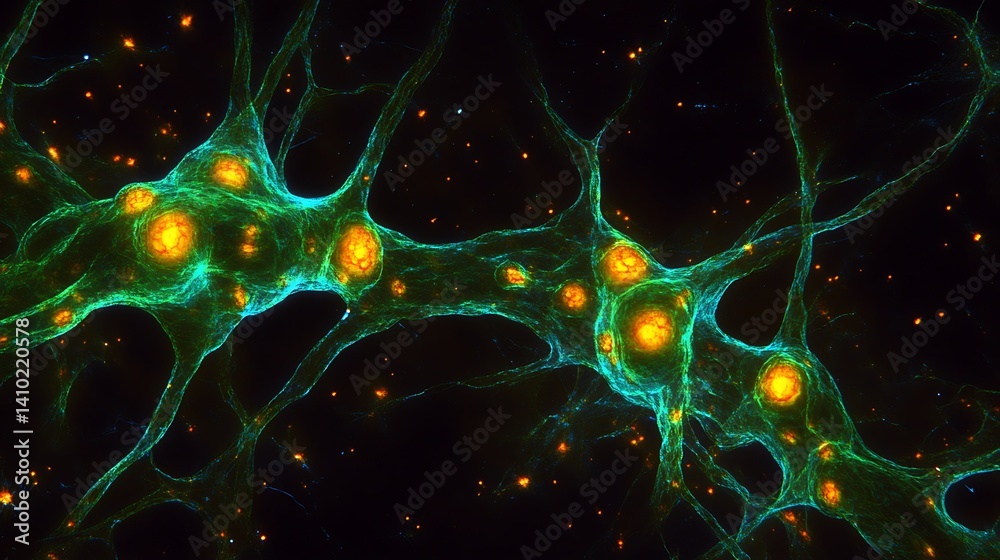 Poster cellular connections, illuminated and showcasing the vibrant neural activity in a microscopic world.