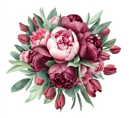A bouquet of peonies and tulips in rich burgundy and blush pink, set against a white background.  Detailed floral arrangement with lush greenery