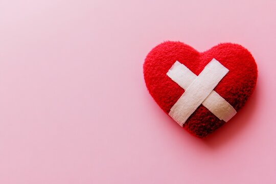 Red heart with bandages on a pink background - Powered by Adobe