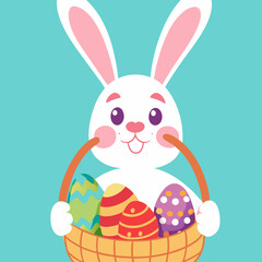 Cheerful Easter Bunny Holds Basket With Colorful Decorated Eggs Against Light Blue Backdrop Spring Celebration