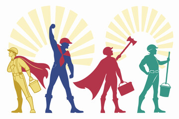 Silhouettes of various workers—sanitation worker, electrician, delivery guy—standing like superheroes with their tools, light behind them like a halo.

