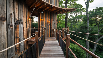 Fototapeta premium Elevated Treehouse Walkway With Rustic Wood And Rope Railings Forest Backdrop