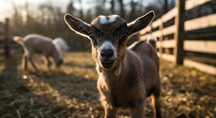 Cute Baby Goat in Sunlit Farmyard with Other Goats