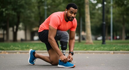 Motivated african american sportsman with prosthetic leg tying shoelaces before running training in park, overcoming disability and enjoying healthy lifestyle