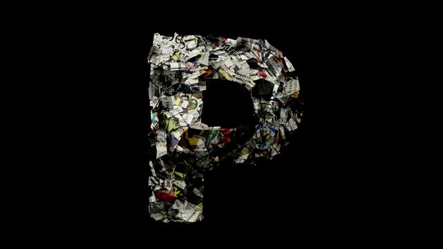 Letter P with cut up news paper isolated on black 