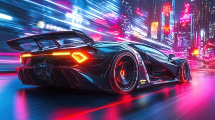 Fototapeta premium Rear view of futuristic car high speed through neon mega cyber city background, motion blur effect.