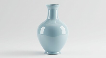 A high-resolution photorealistic studio image of an elegant light blue ceramic vase with a classical urn shape, glossy finish, and subtly flared