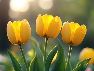 Naklejka premium Three yellow tulips with green leaves are in focus against a blurred background.