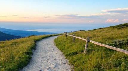 Serene mountain trail winding through verdant highlands.