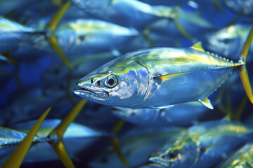 Fototapeta premium Close-up of yellowfin tuna swimming in school underwater in blue ocean environment