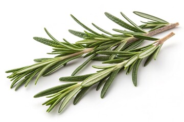 Fototapeta premium Close-up of fresh rosemary sprigs, showcasing the herb's vibrant green leaves against white.