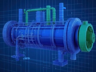 Crosssectional blueprint of a fuel cell engine, emphasizing the proton exchange membrane PEM design