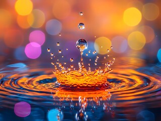 Macro shot of water droplets on golden orange surface, vibrant colors, reflection detail, abstract texture