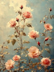 Pink roses with buds and leaves on a light blue textured background.