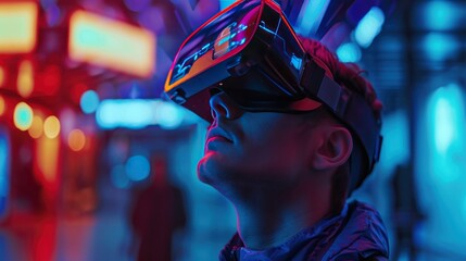 Man wearing futuristic VR headset glasses looks up in cyberspace metaverse technology. Generated AI
