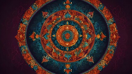 Fototapeta premium Buddhist Mandala Abstract with Sacred Geometry, Vibrant Floral Patterns, and Zen Symbols in Colorful Vector Background for Mindfulness, Meditation, and Spiritual Energy Concepts
