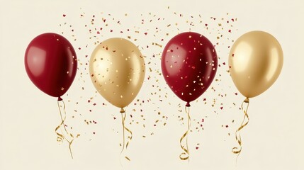 Festive golden and red balloons with confetti on a neutral background, perfect for party invitations, celebration designs, or event promotions